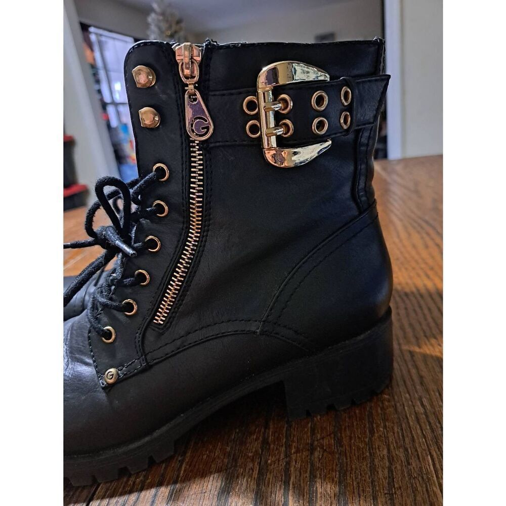 9.5 G by Guess Black Goldtone Lace Up Zip Chunky Heel Combat Boots Ankle Booties - Picture 2 of 7